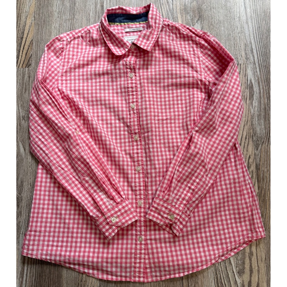 Charter Club Pink Gingham Button Down Shirt Petite 6P Relaxed Fit Roll Tab Top